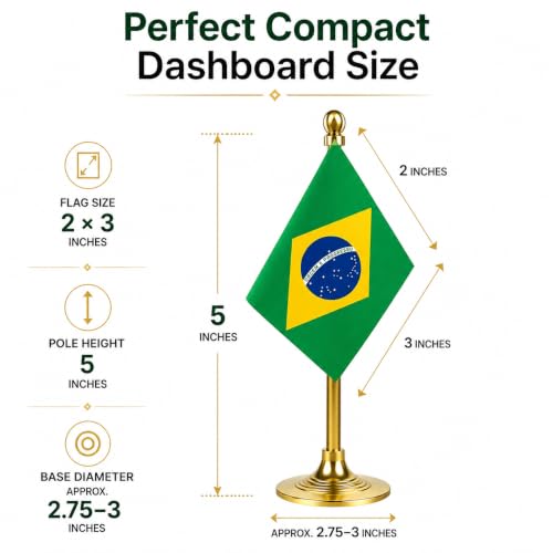 Image of The Flag Company Country flag for car dashboard | 2x3 Inch Flag with Elegant Golden Base & Pole | Car Dashboard Flag (Brazil)