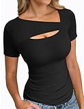 Buauty Womens Cutout Tshirts One Piece Summer Tops Ribbed Slim tees Short Sleeve Fitted Shirt Sexy Fashion Basic Clothes 2025 Black