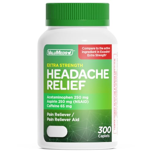 ValuMeds Extra-Strength Headache & Migraine Relief | Acetaminophen, Aspirin (NSAID) 250mg, Caffeine 65mg | Generic Pain Reliever for Migraine, Arthritis, Muscle & Joint Pain | 300 Caplets