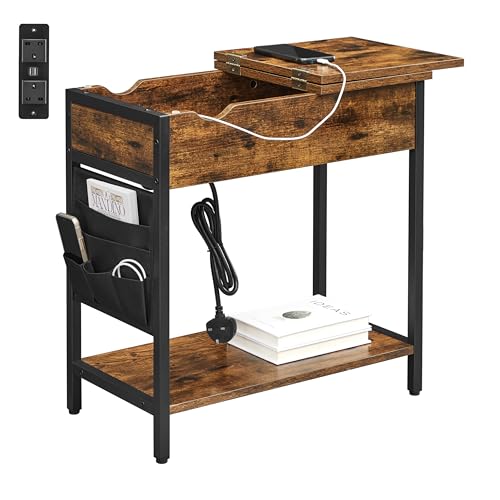 VASAGLE Slim Side Table with Charging Station Narrow Bedside Table with Storage End Table with USB Ports Outlets Fabric Bags for Living Room Bedroom Rustic Brown and Black LET309B01