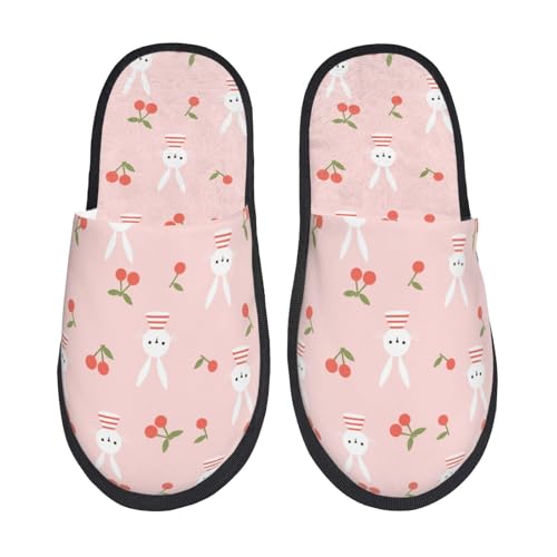 Rabbit And Cherry Print House Slippers For Women And Men,Soft Slippers With Memory Foam,Non-Slip Indoor Home Shoes