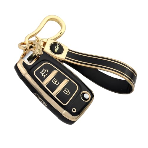 Image of Keyzone TPU Key Cover Compatible for Hyundai i20, Kona, Verna 3 Button flip Key (GoldBlack with GoldBlack Keychain)