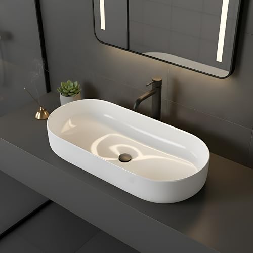 Image of WASSMIST Premium Wash Basin | Designer Ceramic Washbasin | Acid & Fade Resistant Table Top Bathroom Sink (27.56x13.19x5.31 Inch)