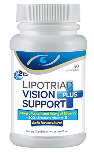Lipotriad Vision Support Plus - 20mg Lutein, 80mg Bilberry, 665% DV Natural Vitamin E - Advanced Eye Vitamin Supplement w/ 9 Natural Antioxidant, Herbal, and Mineral ingredients -Beta-Carotene Free