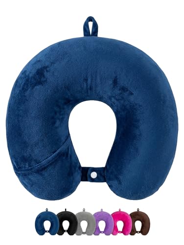 Image of Premium Ultra Soft Travel Neck Pillow with Hanging Loop Snap Button Closure for Home Office and Airplane Flight, Bus, Car, Train Travelling Use [Blue] (Pack of 1)
