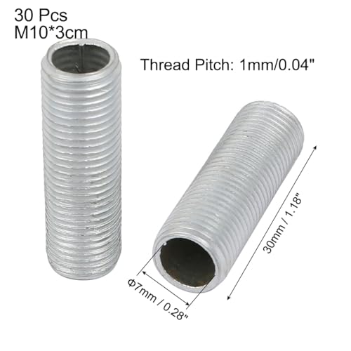 Image of uxcell Lamp Pipe Nipple, M10 Thread 30mm Length Hollow Lamps Repair Part Hardware for Lamp Lights, Zinc Plated Silver Tone, Pack of 30