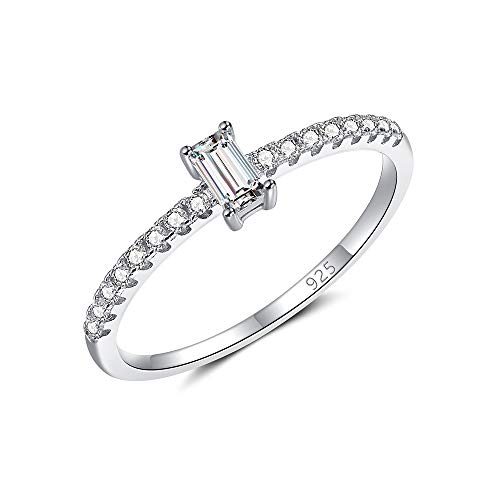 Molah Emerald Cut Simulated Diamond CZ Dainty Delicate Ring 925 Silver Rhodium Plated