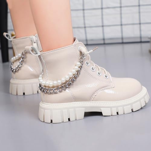 Girls Ankle Boots Solid Lace Up Combat Boot Side Zipper Comfortable Pearl Metal Decoration Non-Slip Short Boots3