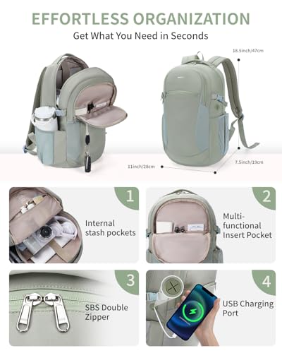 Image of ECOHUB Large Travel Backpack 17.3 inch Suspended Laptop Backpack Fashion Water-Resistant 28L Lightweight Backpack for Causal Work Green