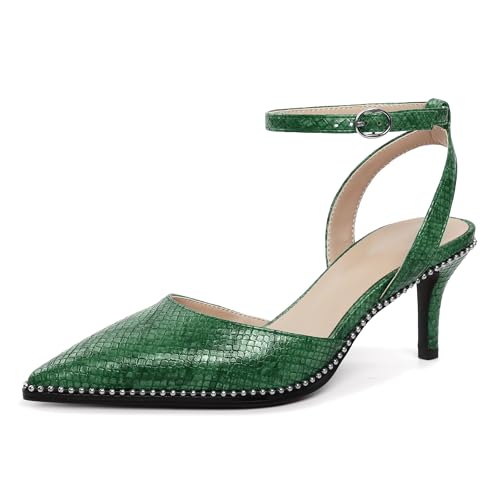 Image of SAMMITOP Kitten Heels for Women Low Heel Closed Toe Ankle Strap Pumps Wedding Party Beaded Dress Shoes 2.4 Inch