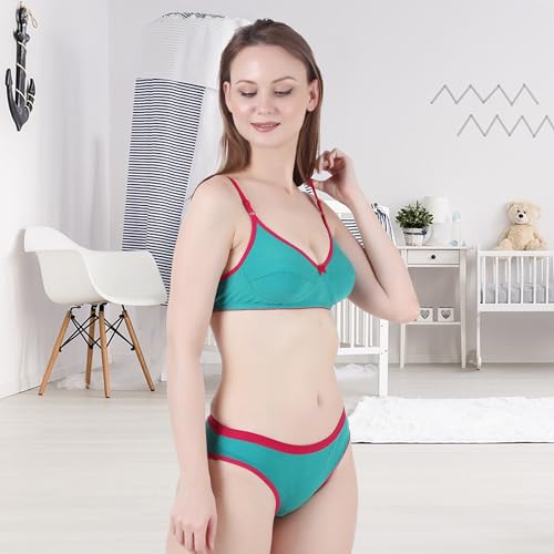 Image of Cotton Solid Non-Padded Bra & Panty Lingerie Set Innerwear Mid Rise Undergarments for Women S-3XL