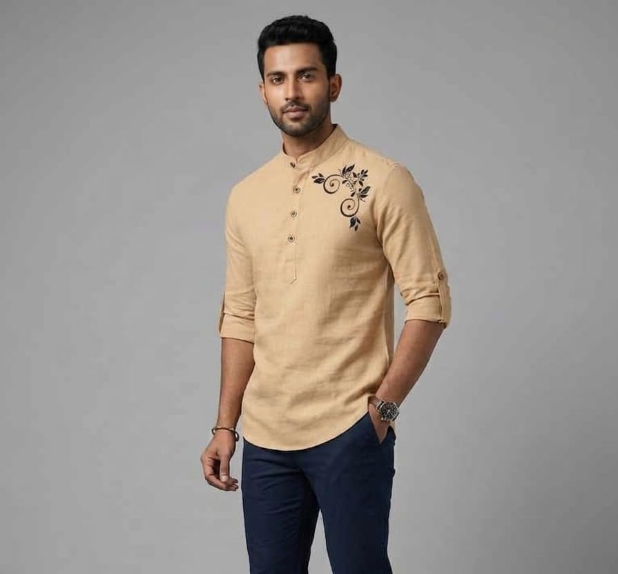 Image of DEEMOON Men's Full Sleeve Short Kurta Shirt with a Trendy Mandarin Collar Crafted from a Premium Cotton Blend for Comfort Ideal for Casual and Semi-Formal Occasions
