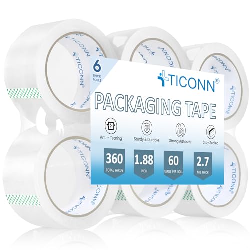 TICONN Packing Tape, 360 Yards Heavy Duty Clear Packaging Tape 2.7 mil Shipping Tape, 1.88 inch x 60 Yards Tapes for Shipping, Mailing, Moving (6 Pack)