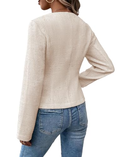 Tweed Blazer Jackets for Women Sweater Blazers Beige Cream Petite Cardigan Collarless Cardigans Sweaters Wool Slim Fitted Jackets Beige L4