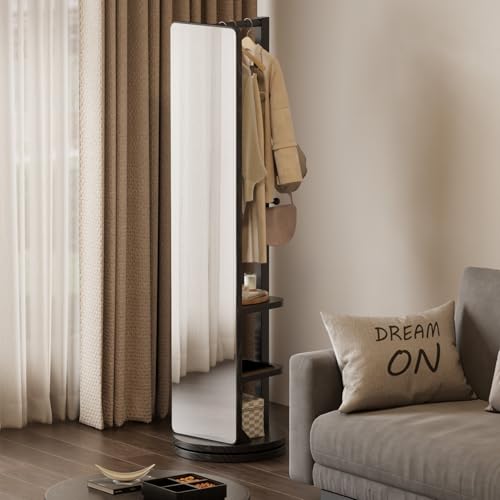 Image of WoodsWhisper Full Length Mirror Coat Rack Solid Wood Floor Mirror 66 inchx12 inch Full Length Mirror with Stand Long Mirrors for Bedroom,Living Room (Black, 66 inch Lx12 W)