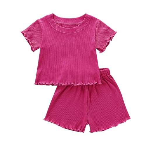 Image of Toddler Girl Clothes Summer Outfit Short Sleeve Shorts Set 12M-5T | Soft ribbed knit toddler girl outfit with breathable fabric, ruffle top, comfy shorts and stretchy fit for summer daily wear.