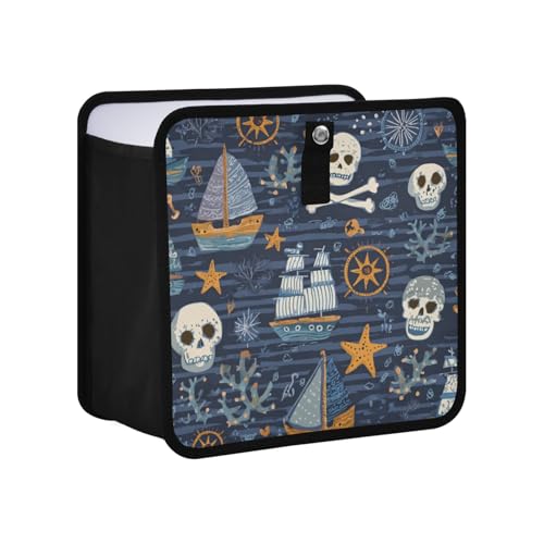 Image of Car Trash Can Organizer Bin with Adjustable Strap for Back Front Seat Console Waterproof Leakproof Collapsible Portable 11 Inch Blue Pirate Skulls Sailboats Starfish and Compass