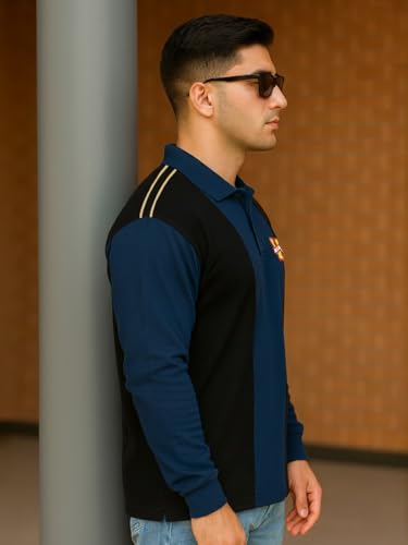 Image of Veirdo Men's Oversized Loopknit Cotton Polo Neck T-Shirt | Oversized Baggy Fit Full Sleeve Casual Streetwear Top with Ribbed Cuffs S-XXL