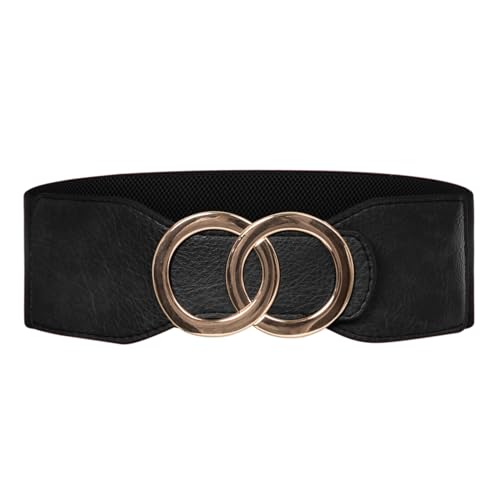 GRACE KARIN Women Leather Belt Double O Ring Elastic Belt Stretchy Retro Wide Belt