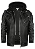 HOOD CREW Men’s Genuine Cowhide Leather Jacket Black Hooded Motorcycle Biker Jacket for Men, Black, Large #1
