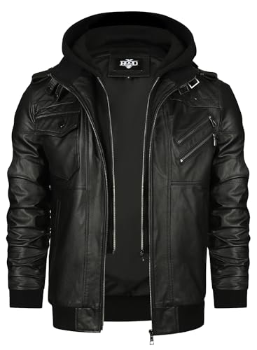 HOOD CREW Men’s Genuine Cowhide Leather Jacket Black Hooded Motorcycle Biker Jacket for Men2