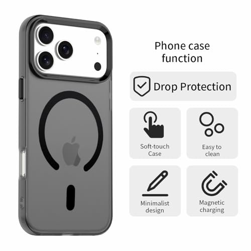 Image of Elzzi Translucent Matte Back Cover for iPhone 17 Pro Max Case, Shockproof Anti-Fingerprint Phone Cover with Magnetic Wireless Charging, MagSafe Compatible Protective Case for Men & Women (Black)