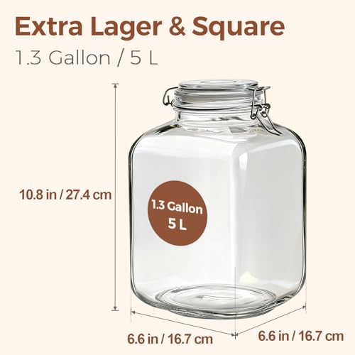 Image of ComSaf Square Glass Jars with Airtight Lid 1.3 Gallon 2 Pack Large Canister | Flour sugar rice, Kombucha pickling, Pantry organization, Bulk storage, Pickling fermenting, Cabinet organization, Snacks