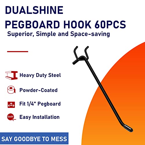 Dualshine DS070-FU 60Pcs Black Pegboard Hooks, 2/4/6 Inch Pegboard Wall Hook Heavy Duty Pegboard Shelving Hook Fit 1/4 Inch Pegboard Metal Hanging Pegboard Display Hook Holder Organizer thumb #1