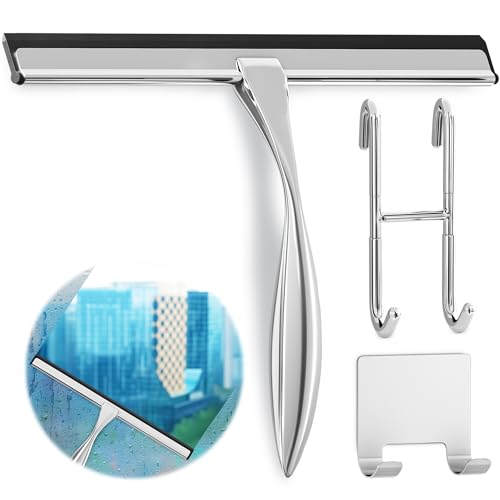 Image of Shower Door Squeegee with Hook - 14 inch Silicone Blade, Stainless Steel Squeegee for Shower Glass with Adhesive Mount - All-Purpose Bathroom Tile, Mirror, & Window Wiper for Streak-Free Cleaning (Silver)