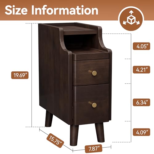 Image of Nightstand, Pre-Assembled, 19.7 inchH Solid Wood Night Stand with 2 Drawers, Open Sliding Shelf, Mid Century Modern Small Bedside Table for Bedroom, Black Walnut 8 inch