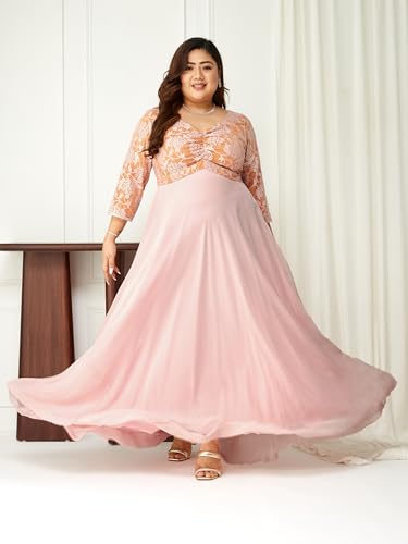 Image of Miss Chase A+ Women's Floral Printed Relaxed Fit V -Neck 3 /4Th Sleeve Georgette Maxi Dress