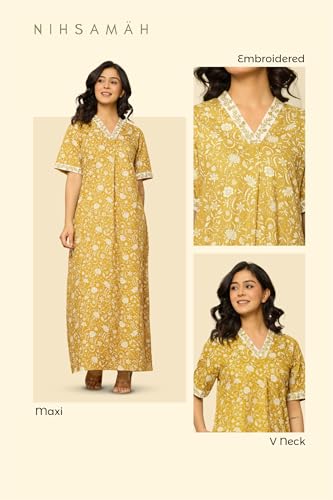 Image of NIHSAMAH Cotton Nighty for Women - Embroidered & Printed Stylish Night Gown, Comfortable Sleepwear Long Nightwear, Maxi