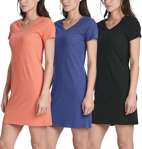 Image of Real Essentials 3 Pack: Women's Ribbed Knit Short-Sleeve V-Neck Swing T-Shirt Casual Dress (Available in Plus)