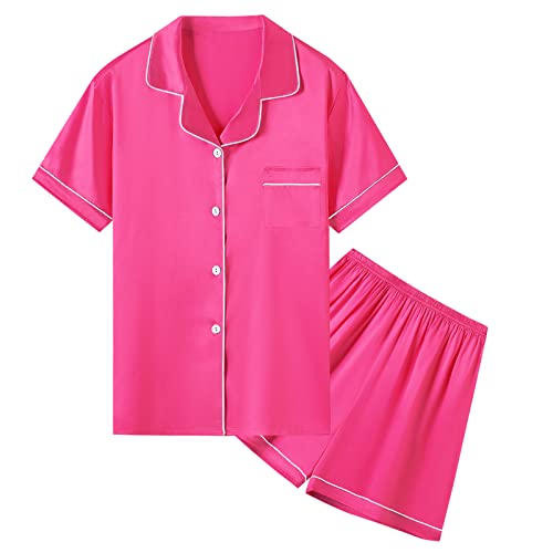 Image of Umeyda Women & Girls Pajamas Set, Soft Satin Lightweight Silk Button-Down Top with Shorts 2 Piece PJS for Mom Boys Kids Gifts