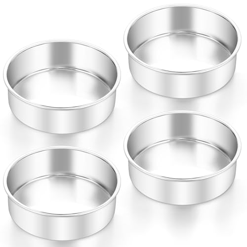 Herogo Cake Tin Set of 4, 6 Inch Round Cake Pan for Baking/Birthday/Wedding/Christmas, Stainless Steel Cake Mould with Mirror Polished, Food Grade & Non-Toxic, Dishwasher Safe