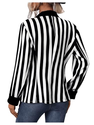 SweatyRocks Women's Black and White Striped Blazer Lapel Open Front Button Long Sleeve Work Office Jacket2