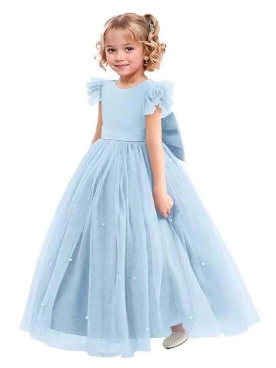 Girls' Pink Tulle V-Back Princess Dress - Floor Length, One Size, Formal, Modern - Flower Girl Dress