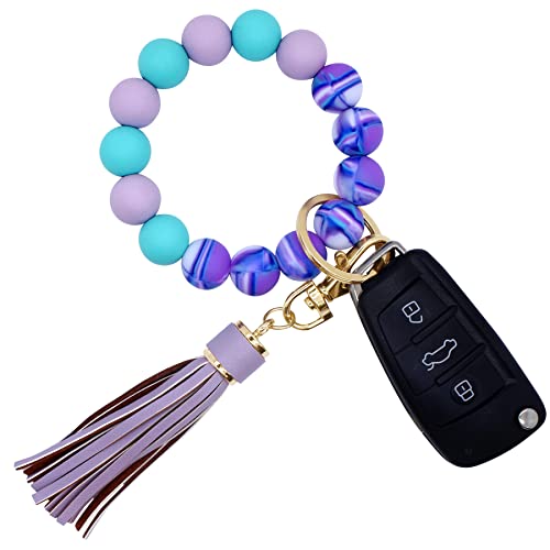 BIHRTC Silicone Key Ring Bracelet Beaded Wrislet Keychain Portable House Car Keys Ring Holder Key Ring Bangle Chains Silicone Beaded Keyring with Leather Tassel for Women