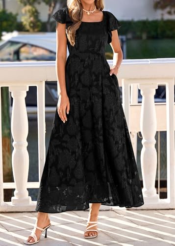 Image of KIRUNDO Bridesmaid Wedding Guest Formal Dresses for Women | Elegant Summer Maxi Dress, Lace Floral Prom Party Cocktail Dress, Smocked Bust, Tie Back, Split A Line Swing, With Pockets