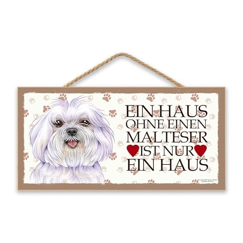 MALTESER - Haustierschild mit Spruch und realistischer Grafik. Als Tür, Torschild, Wanddekoration geeignet. Warnschild, Holztafel, Hauschild.