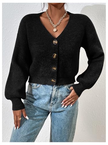 GORGLITTER Women's Button Up Cropped Cardigans V Neck Long Sleeve Rib Knit Trendy Fall Sweaters 20254