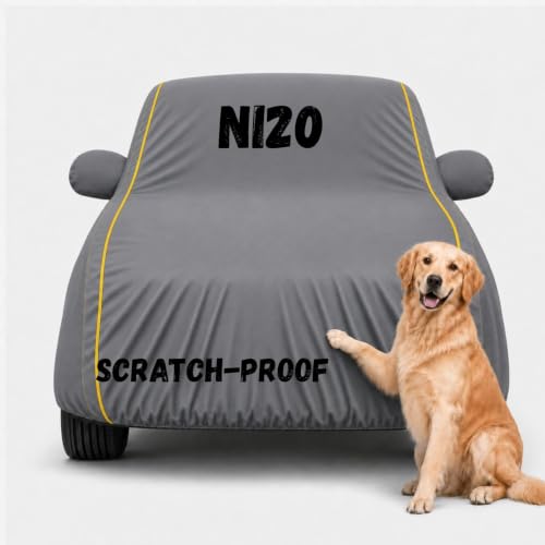 Image of 3 Layer Waterproof Car Body Cover for i20N All Weather Protection Comes with Inner Cotton Lining & Triple Stitched with Mirror & Antenna Pocket Belt & Elastic Fit (Grey)