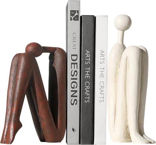 WANCHIY Book Ends- Decorative Thinker Bookends White&Black Book Holder Heavy Book Stopper Holder Nonskid- Book Ends for Shelves Living Room Office Home Decor (Red&White)