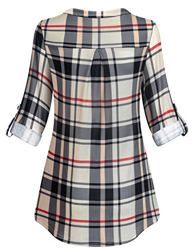 Tanst Sky Womens Casual Long Sleeve Zipped V Neck Plaid Tunic Blouses