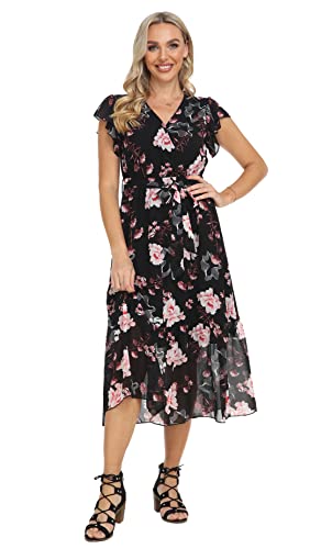 Image of VintageClothing Womens Sundress Casual Floral Summer Boho Dress | Flowy Wrap V Neck Ruffle A-Line Pleated Hem Midi Dresses