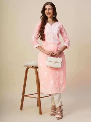 Image of RATAN Muga Cotton Straight Lucknowi Chikankari Ethnic Wear Kurta for Women