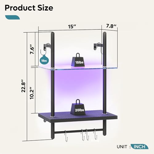 Bestier LED Gaming Floating Shelves for Wall, 15" Wall Mounted Shelf Pipe Glass Shelves, 2 Tier Hanging Display Rack with 6 S-Hooks Towel Bar, Gaming Room Decor Shelf, Carbon Fiber Black