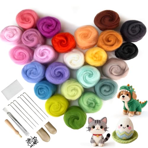 Oureeor 24 Farben je 5 Gramm 54 Stück Filzwolle Nadelfilzen Starter Kit mit Filznadeln Filzwerkzeugen Zubehör Filzen Starterset für Anfänger Filzwolle Nassfilzen Trockenfilzen DIY Handwerk