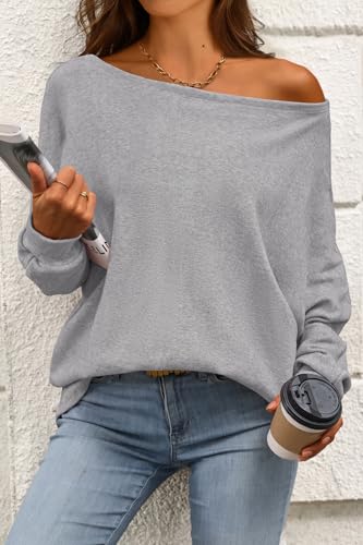 CFLONGE Fall Sweaters for Women 2025 Casual Pullover Off The Shoulder Sweater Batwing Long Sleeve Sweatshirt Knit Jumper Tops3