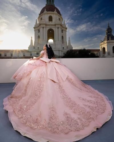 Mauuwy Princess Ruffles Quinceanera Dresses with Bow Puffy Lace Crystal 15 Dresses for Quinceanera Layered Tulle Ball Gown3